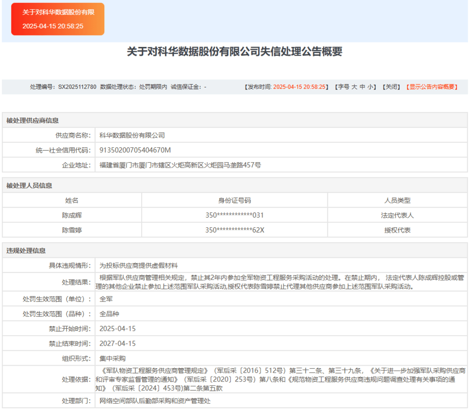 科华数据为投标供应商提供虚假材料，被全军采购禁入2年